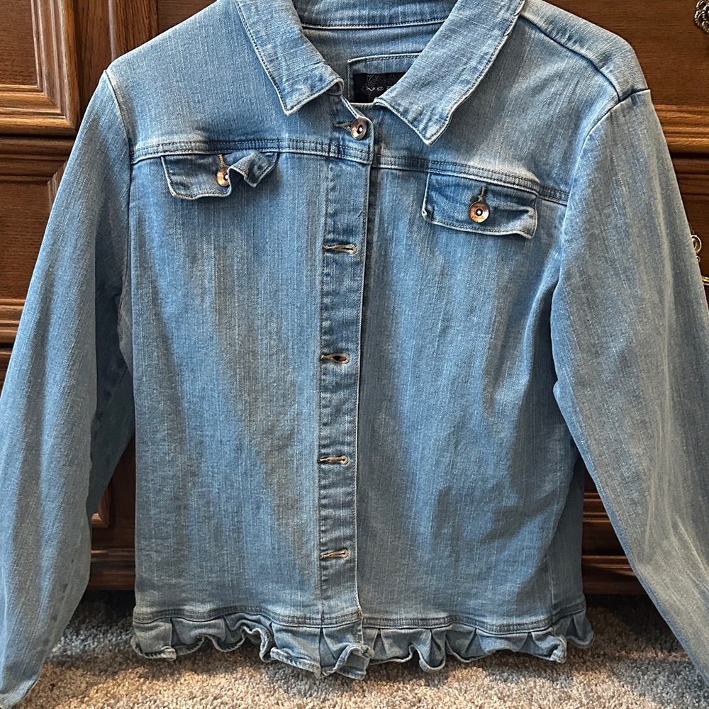 Light Blue Denim Jacket with Ruffle Hem